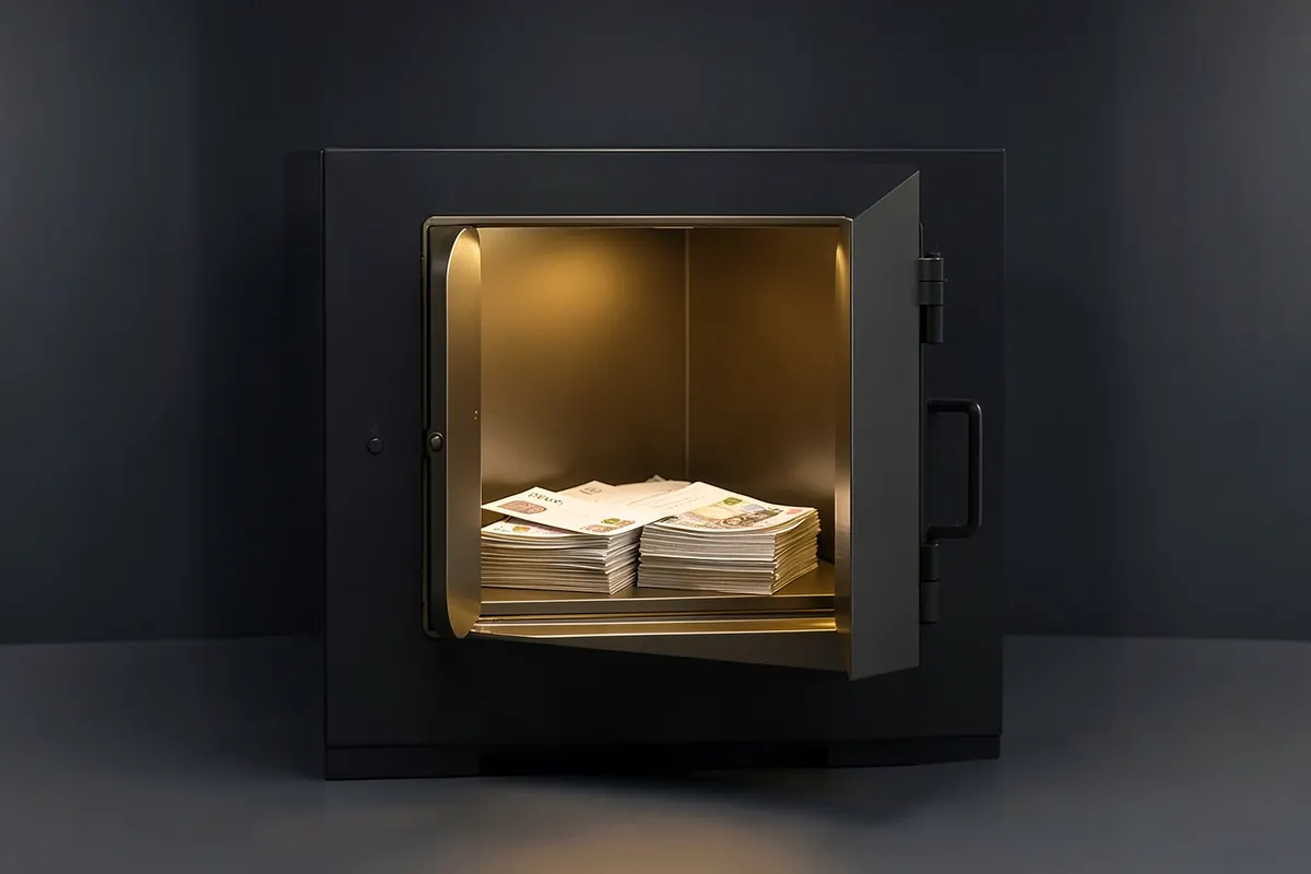 Um cofre de banco aberto mostrando algumas notas de dinheiro e documentos, em plano médio, com luz vinda de dentro do cofre.