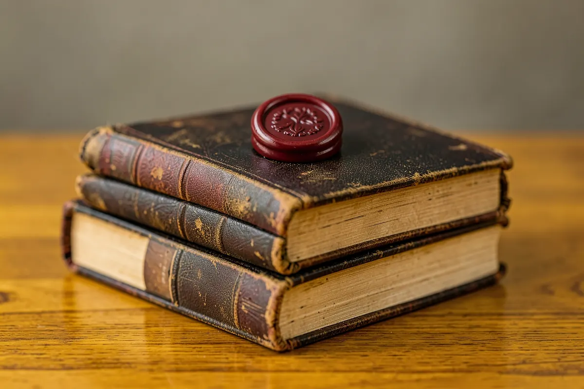 Uma pilha de livros antigos e um selo de cera sobre uma mesa de madeira, simbolizando formalidades legais.