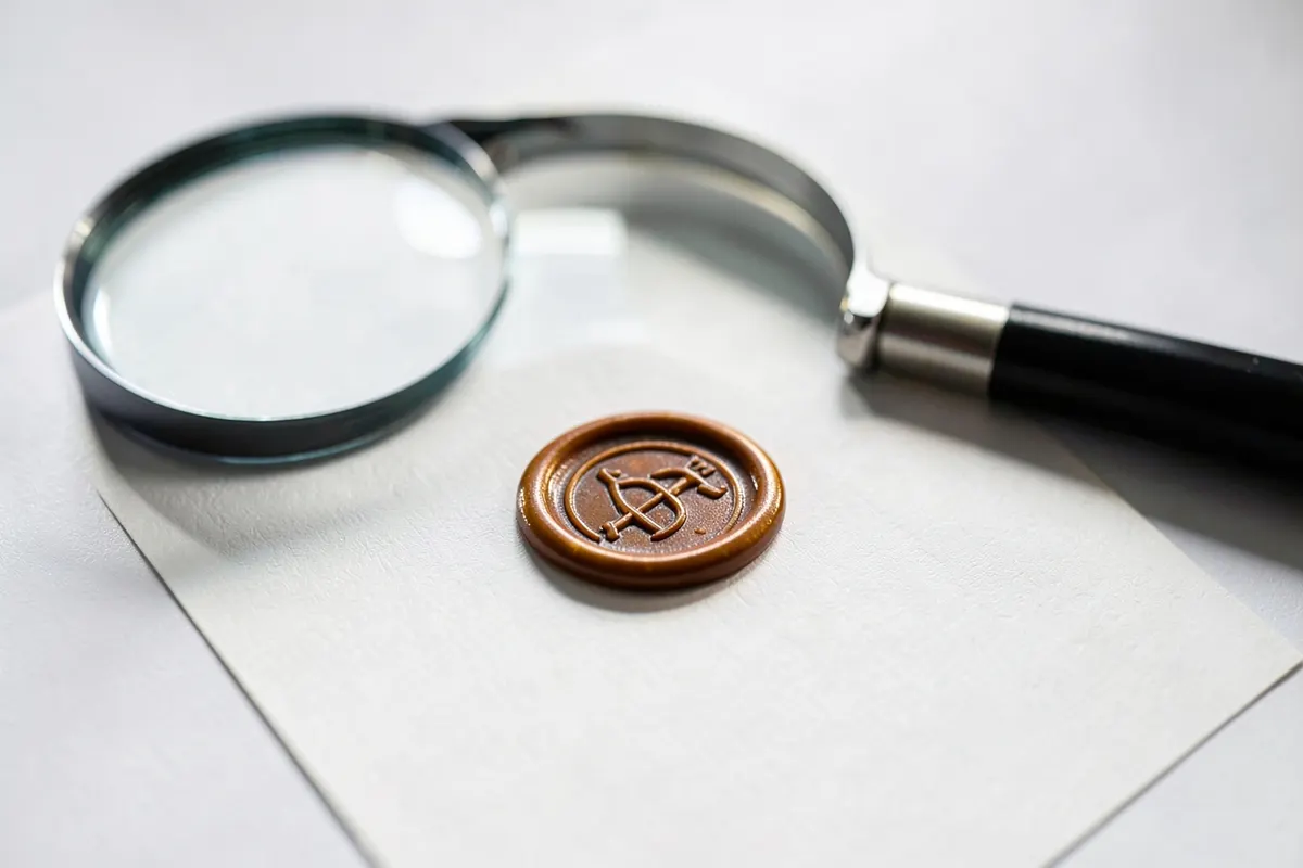 Uma lupa examinando um documento com selo de cera, destacando a necessidade de verificação.