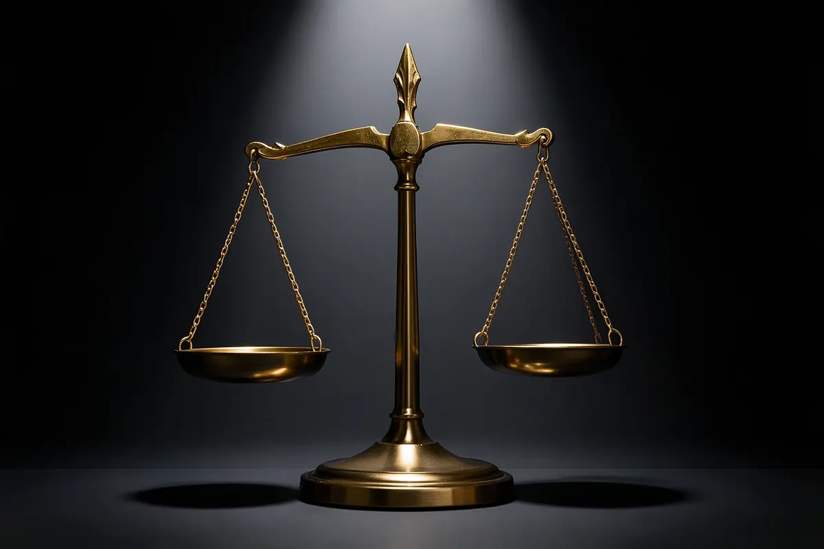 Uma balança da justiça desequilibrada sobre um fundo escuro, representando a potencial invalidez de um testamento.