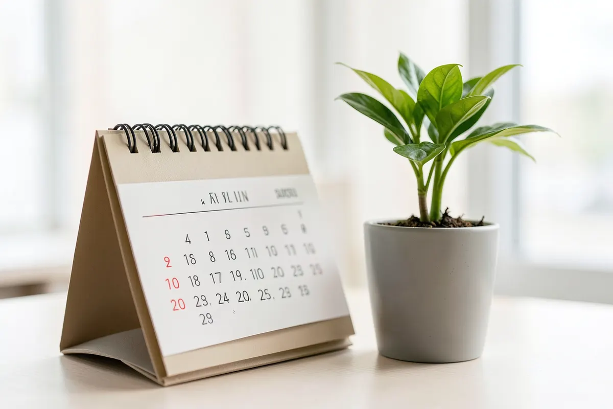Um calendário com um dia marcado em vermelho e uma planta crescendo ao lado, sugerindo planejamento e crescimento futuro.