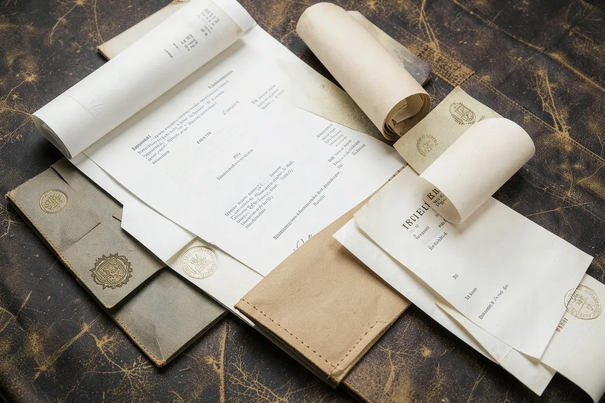 Uma variedade de documentos legais e selos, sugerindo diferentes tipos de testamentos.