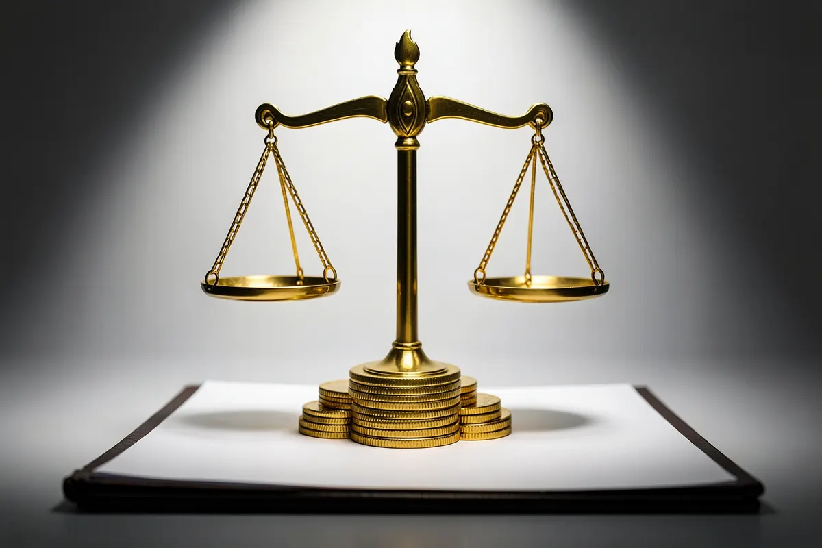 Uma balança da justiça equilibrada sobre uma pilha de moedas de ouro e um documento.