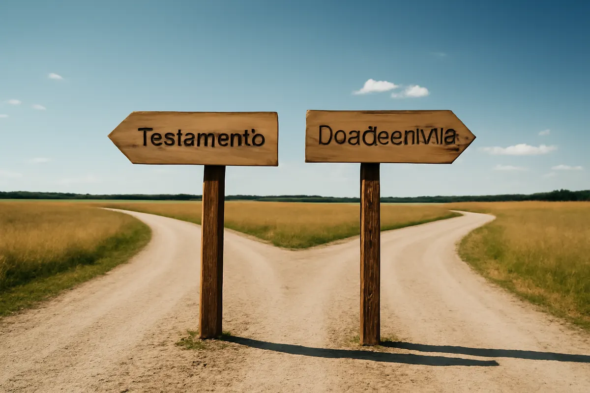 Uma bifurcação em uma estrada de terra, com placas indicando "Testamento" e "Doação em Vida".