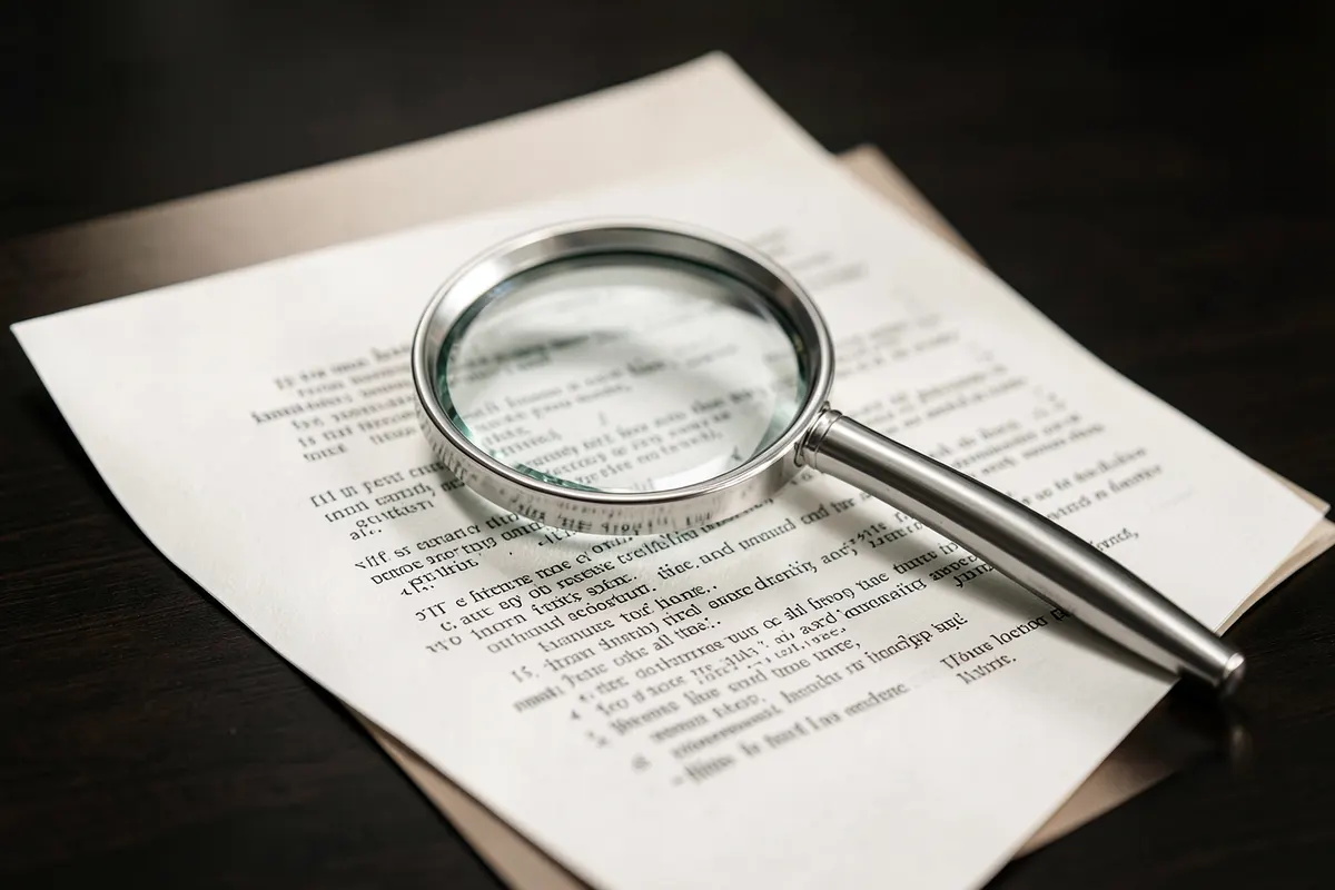Uma lupa examinando cuidadosamente um documento legal aberto.