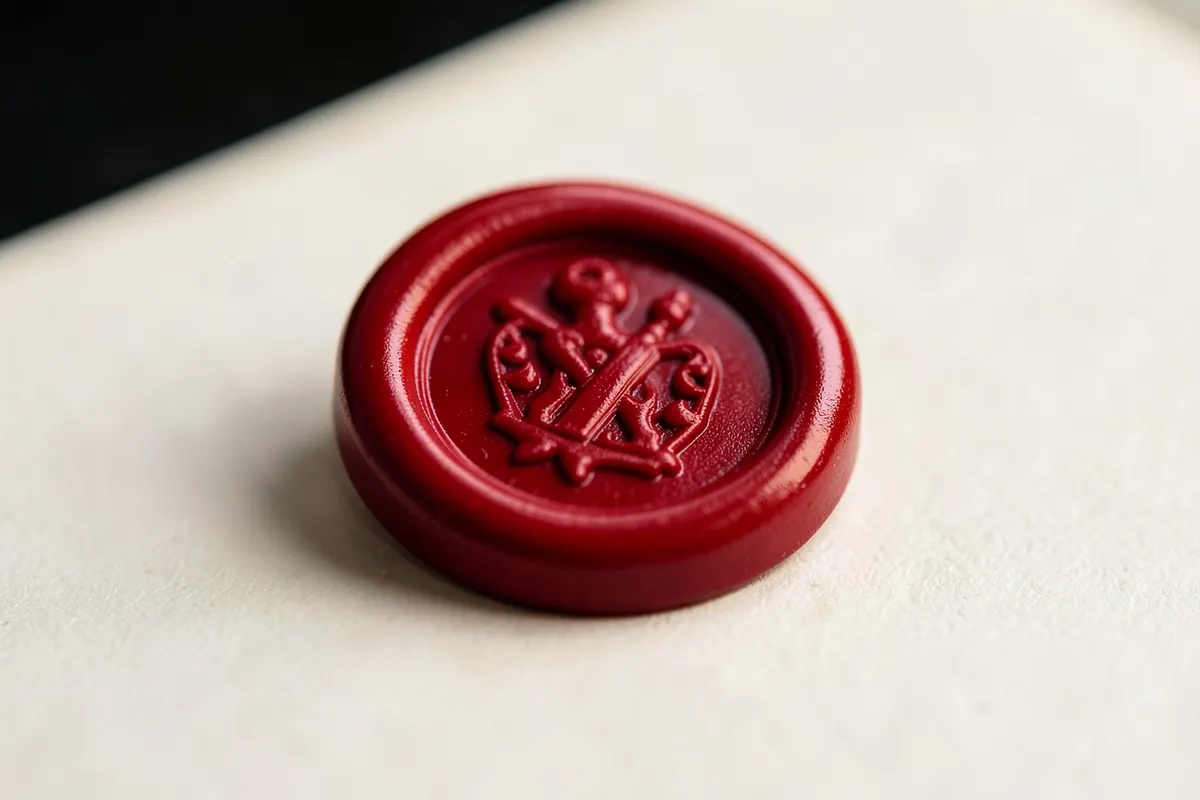 Um selo de cera vermelho com um brasão, pronto para ser aplicado em um documento.
