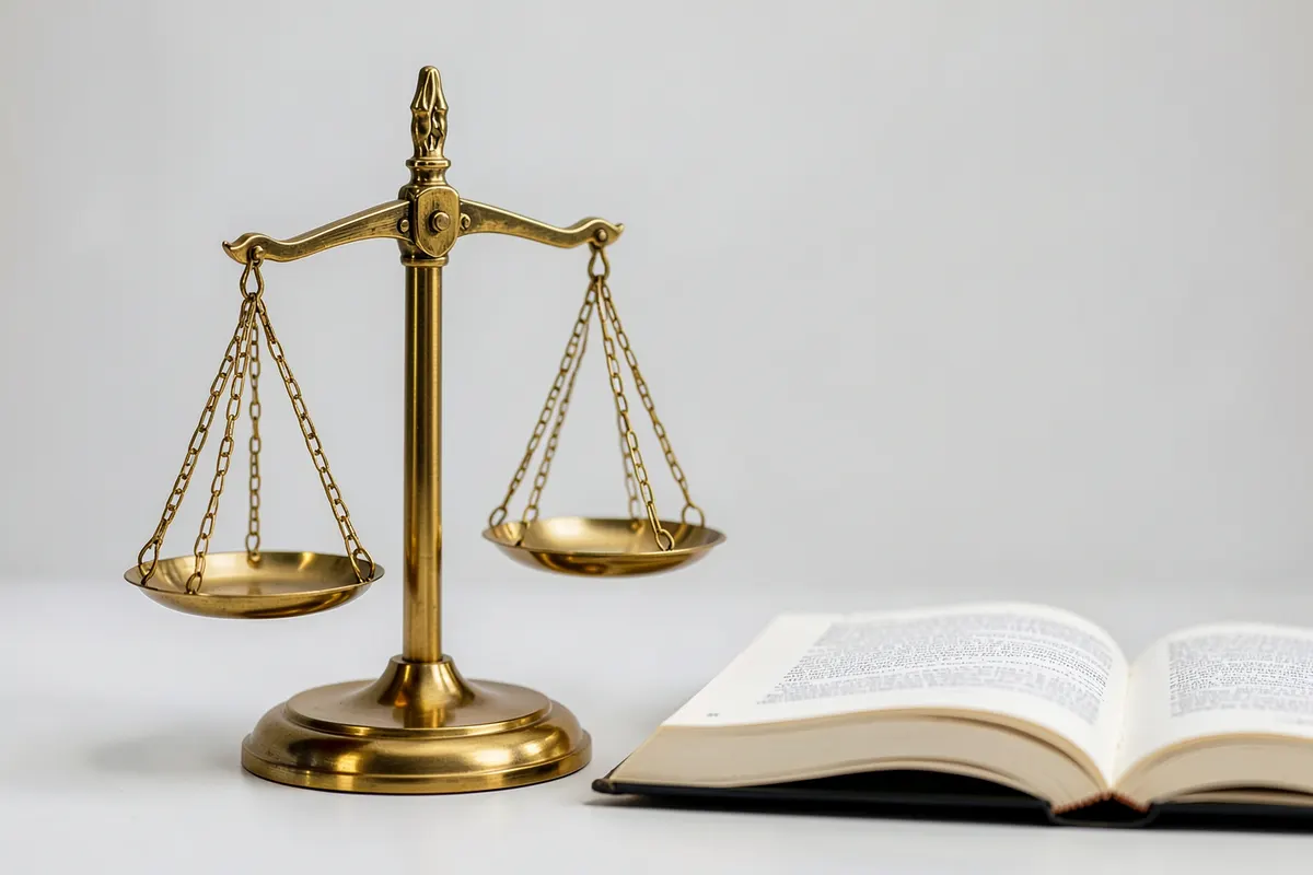 Uma balança da justiça com um livro aberto ao lado, representando lei e conhecimento.