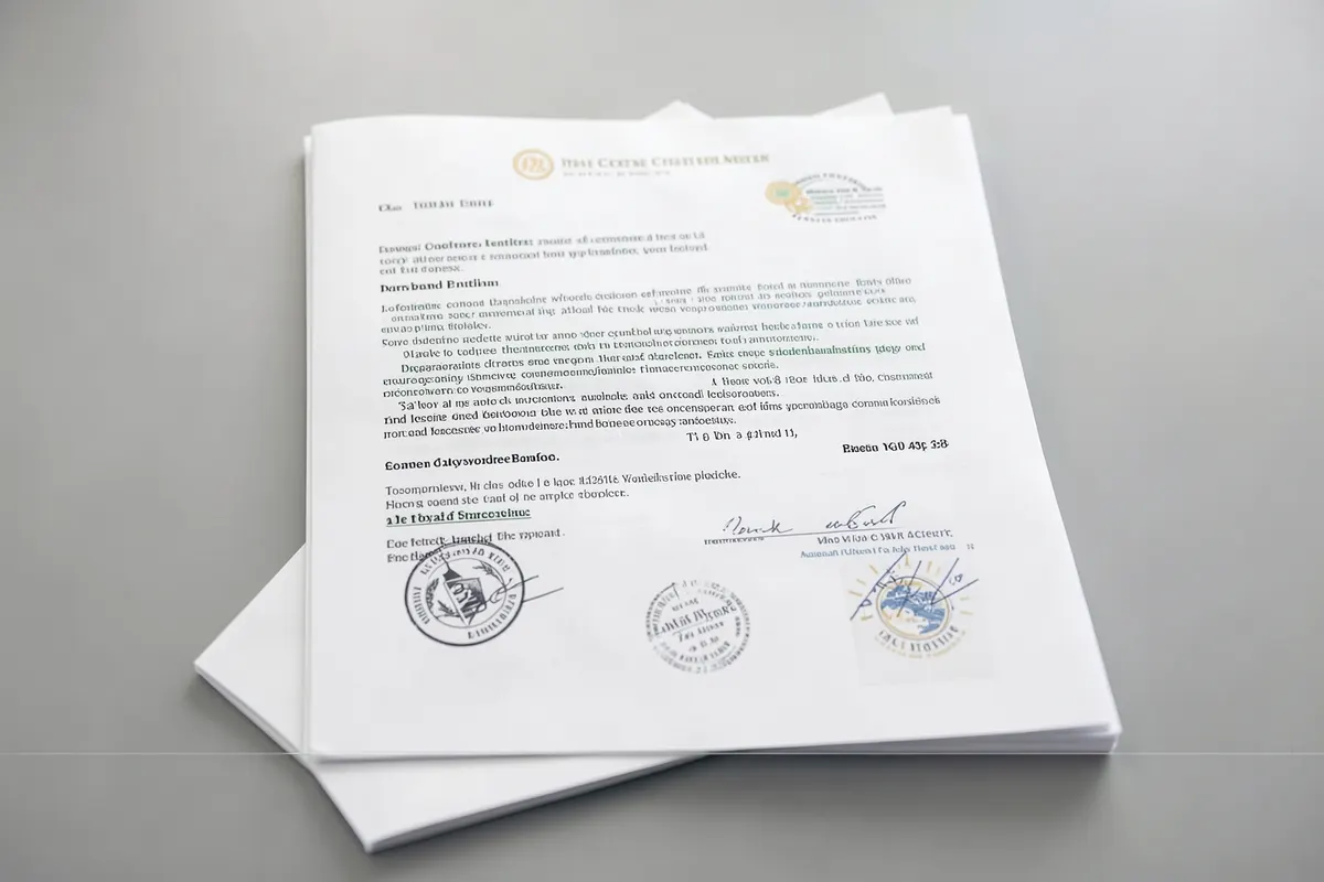 Um documento legal com selos e carimbos, representando a formalidade de um processo judicial.