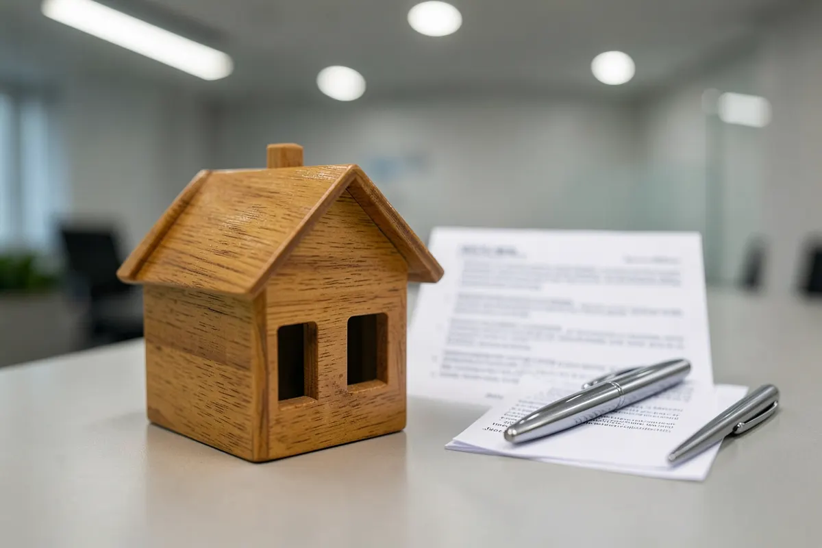 Uma casa de madeira em miniatura ao lado de um documento legal e uma caneta, plano médio, luz de escritório vinda de cima, sem ação.