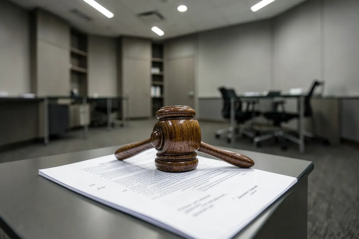 Um martelo de juiz em cima de um documento legal aberto, plano detalhe, luz de escritório vinda de cima, sem ação.