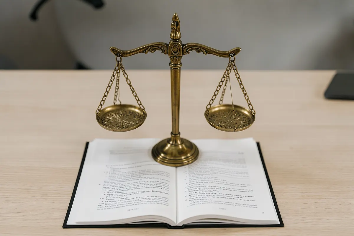 Uma balança da justiça em cima de um documento legal aberto, plano detalhe, luz de escritório vinda de cima, sem ação.