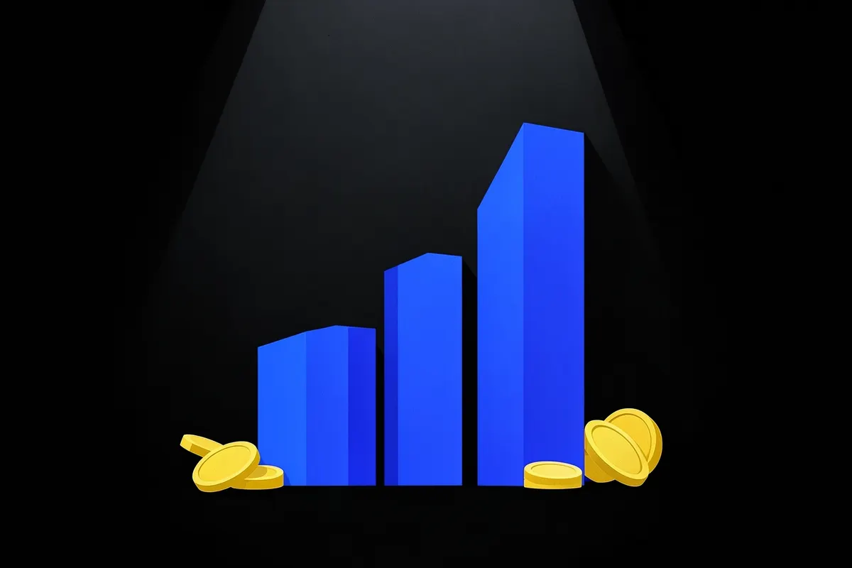 Gráfico de barras subindo com moedas de ouro caindo ao redor, em um fundo escuro.