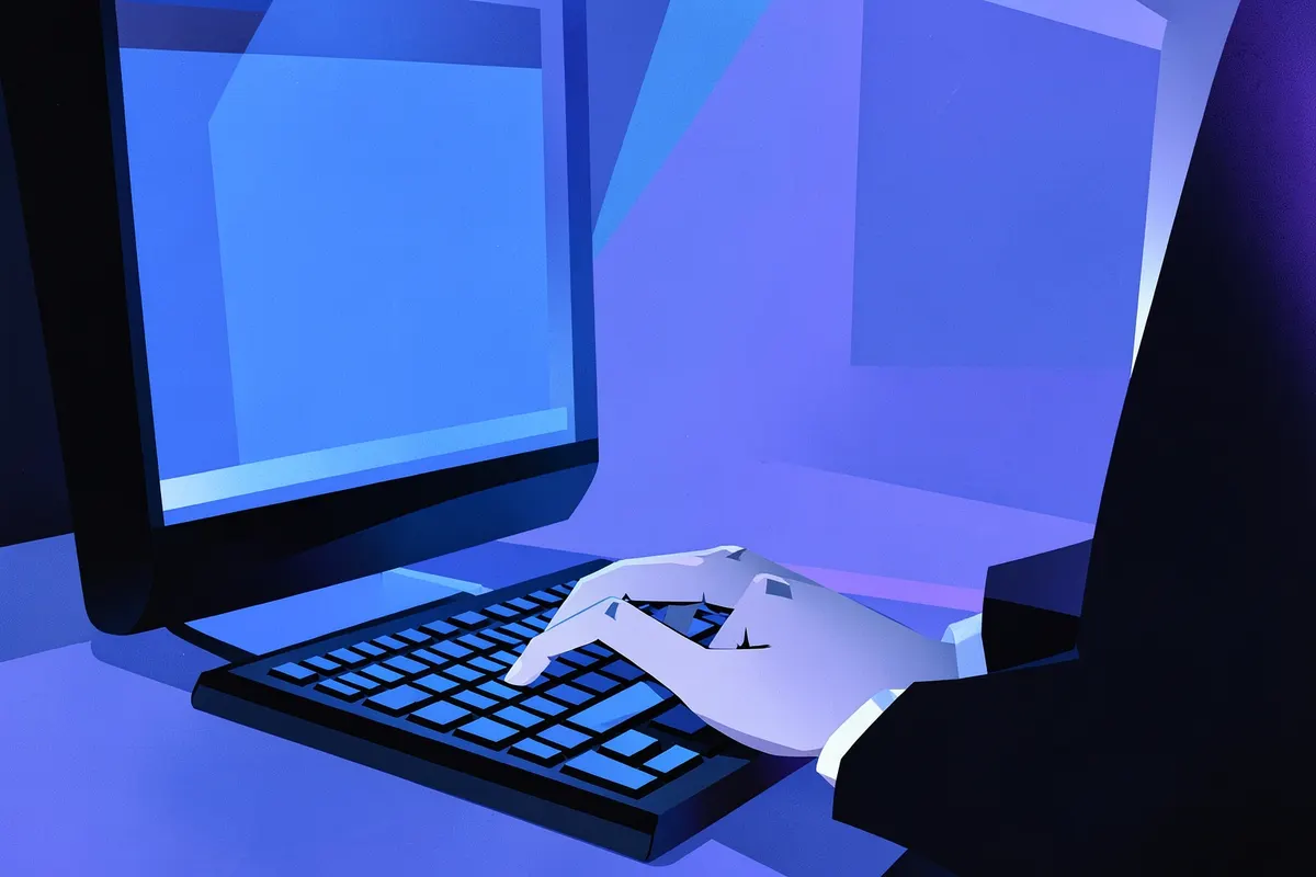 Uma pessoa digitando em um teclado de computador com gráficos abstratos de luzes azuis e roxas ao fundo.