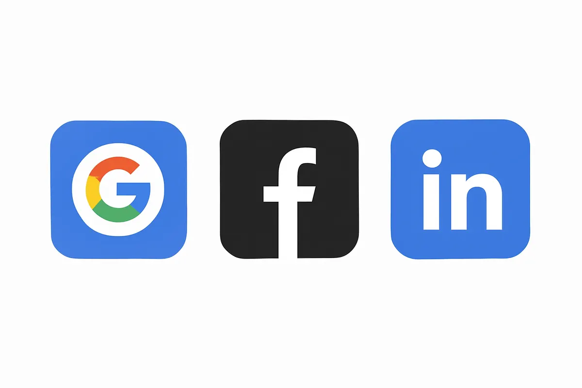Três ícones representando diferentes plataformas de anúncios: Google, Facebook e LinkedIn, em um fundo branco.