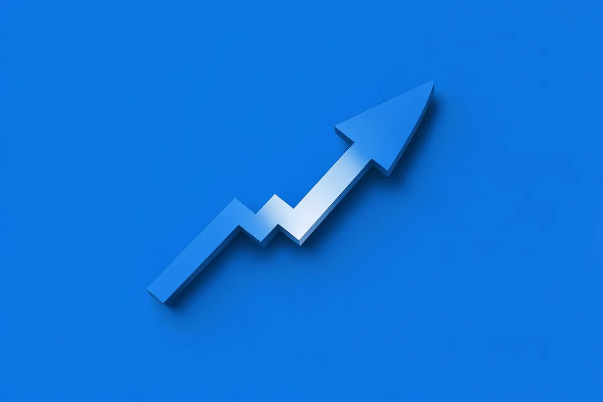 Um gráfico de linha mostrando uma tendência de alta com um ponteiro em um fundo azul.