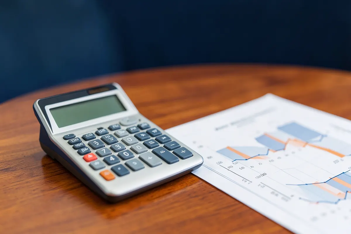 Mão segurando uma calculadora e um contrato.
