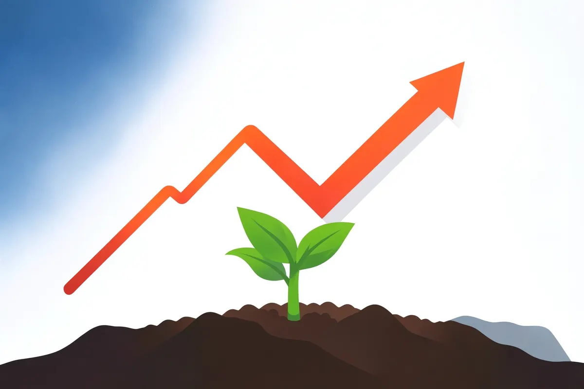 Gráfico de linha descendente com uma planta crescendo ao lado.