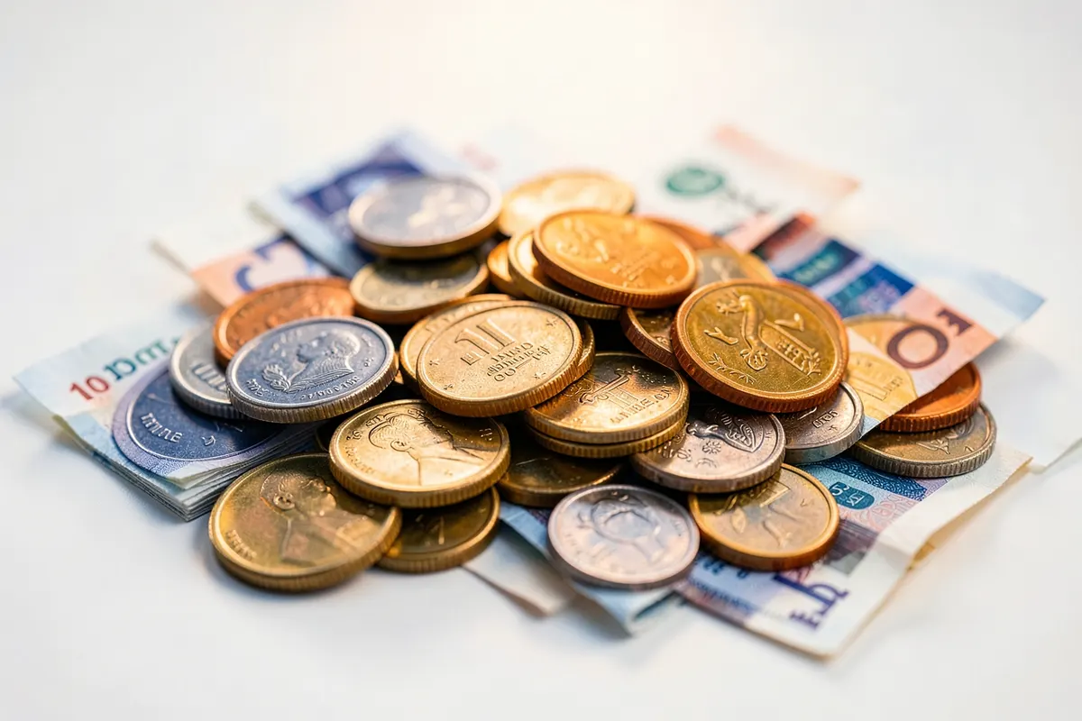 Pilha de moedas e notas de dinheiro