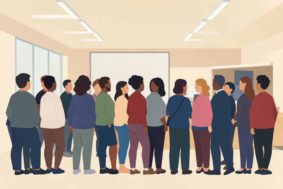 Grupo de pessoas diversas em fila, aguardando atendimento em um centro social.