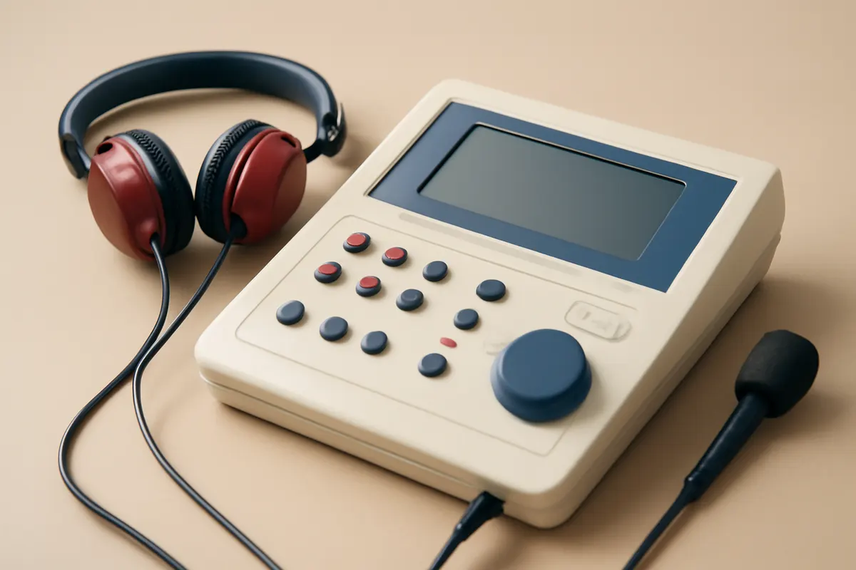 O que é audiometria? Close-up de um audiômetro com fones de ouvido e microfone, luz de estúdio.