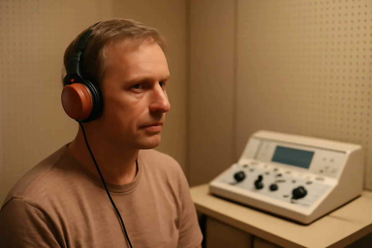 Como é feito o exame de audiometria? Paciente usando fones de ouvido em uma sala de audiometria, plano médio, luz ambiente.