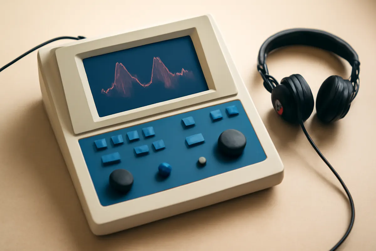 Tipos de audiometria. Detalhe de um audiômetro mostrando diferentes ondas sonoras, vista de cima, luz de estúdio.