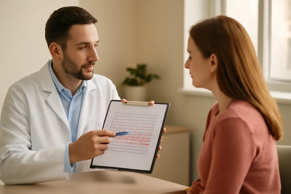 Como a audiometria ajuda na saúde auditiva? Médico explicando um audiograma para um paciente, cena ampla, luz natural.