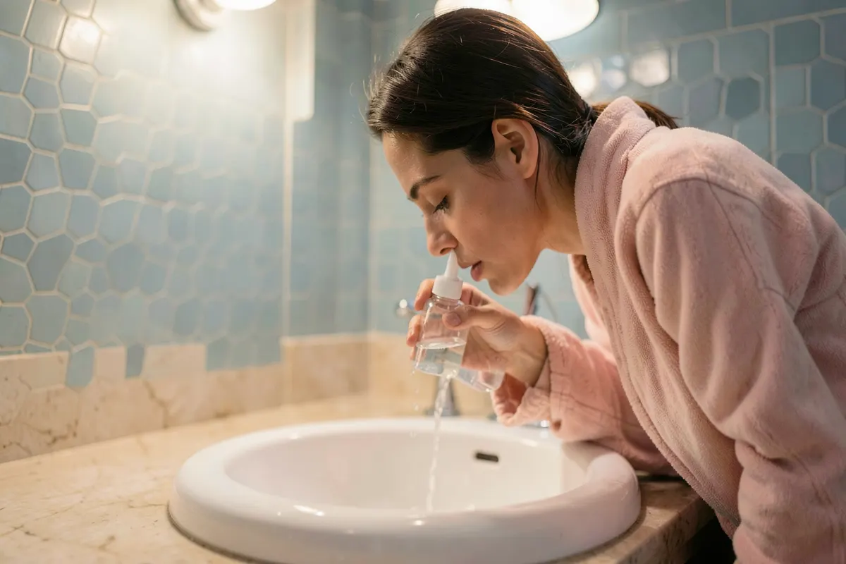 Uma pessoa inclinada sobre a pia do banheiro, usando um frasco de lavagem nasal.