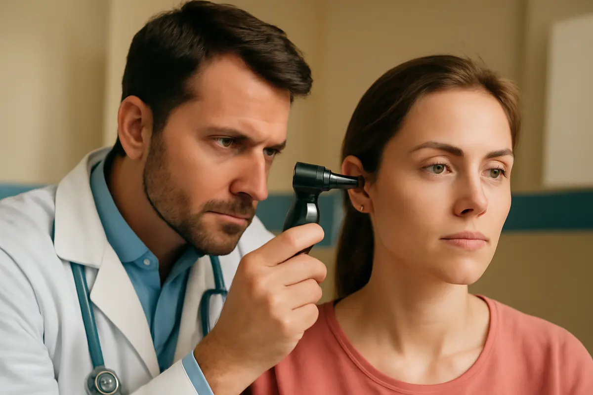 médico examinando o ouvido de um paciente com otoscópio