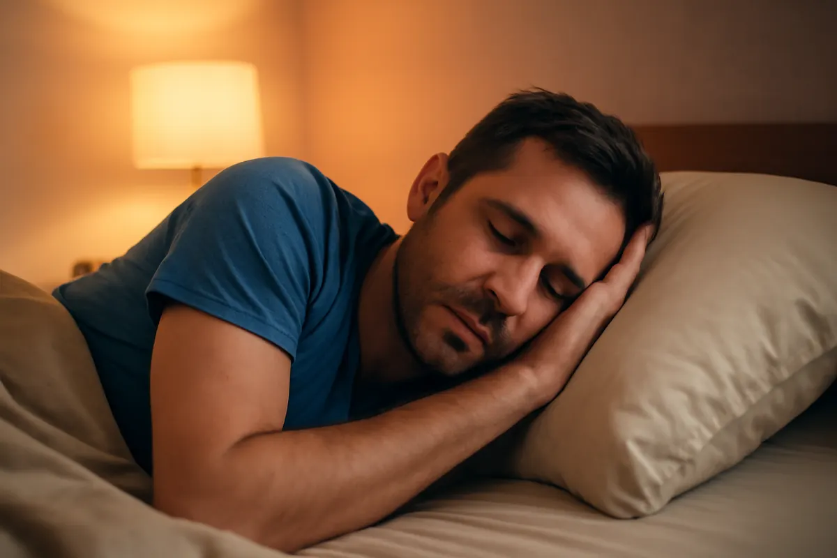 homem deitado de lado com a cabeça apoiada em uma almofada, com uma expressão de conforto