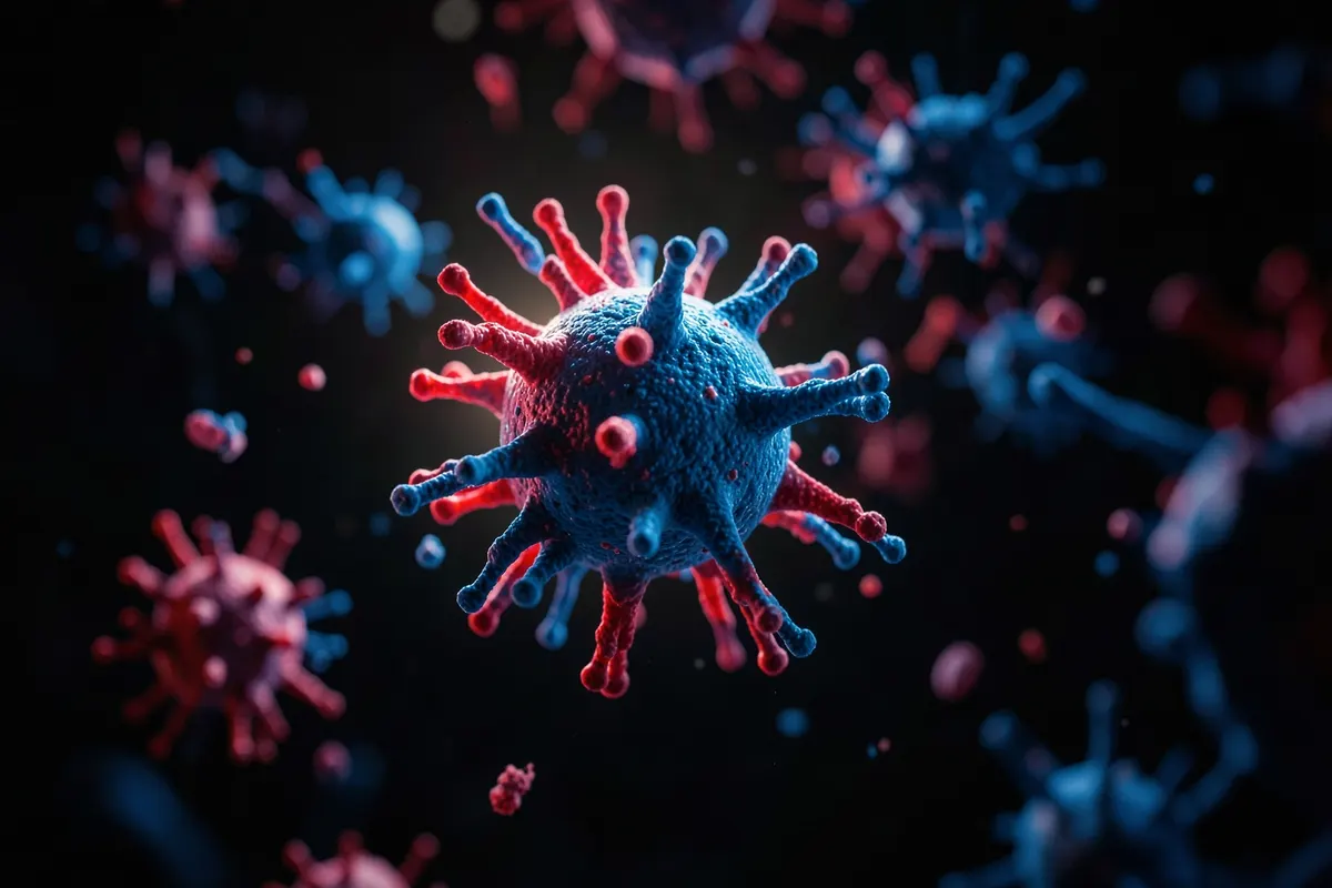 Bactérias e vírus estilizados flutuando em um ambiente escuro, representando agentes infecciosos