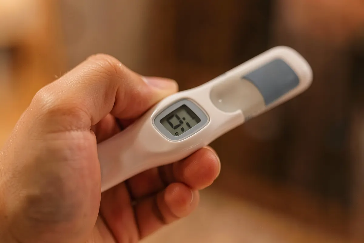 Mão segurando um termômetro médico com leitura de febre, simbolizando a necessidade de ajuda médica