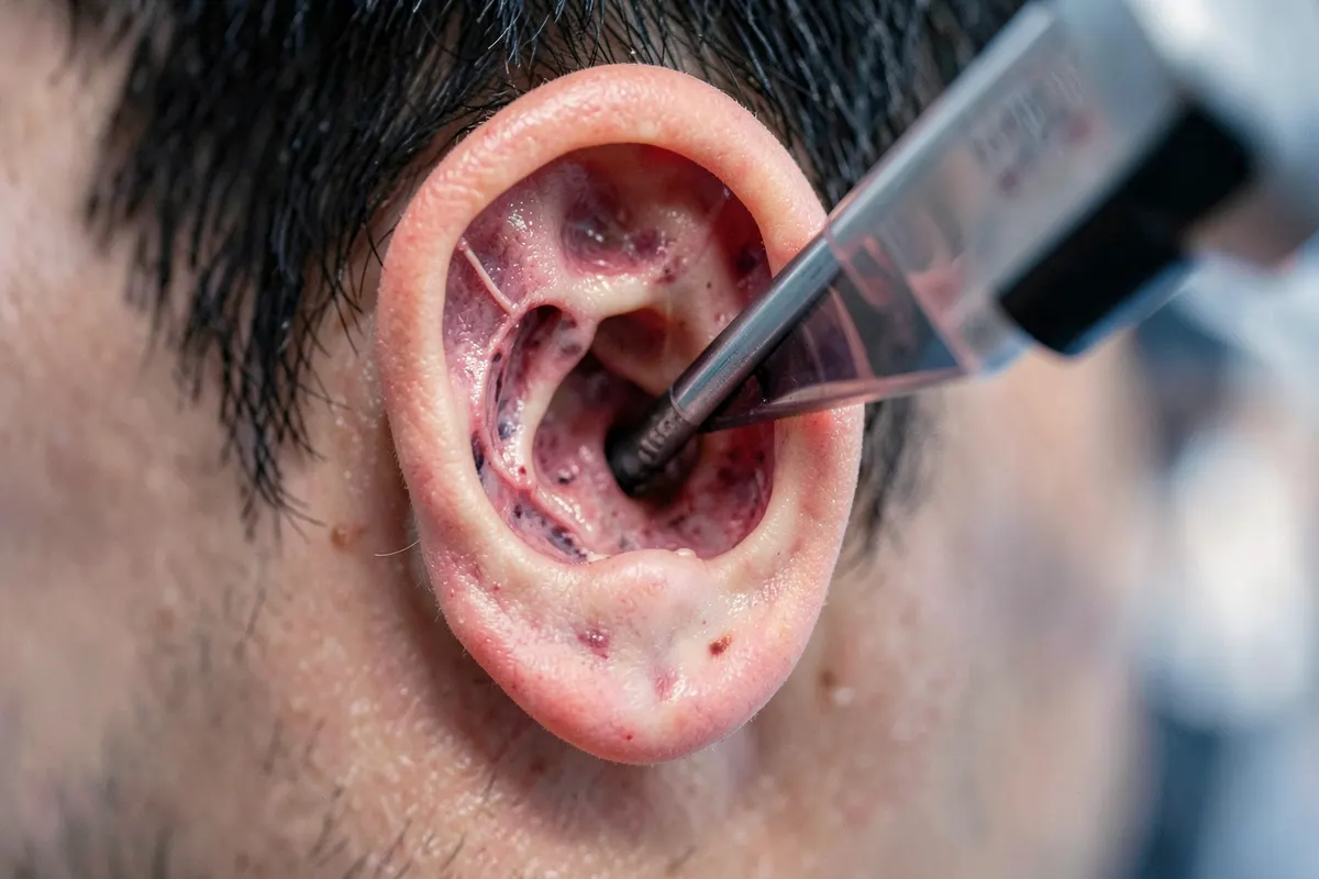 Ouvido humano em corte transversal com um otoscópio sendo usado para examinar a orelha média
