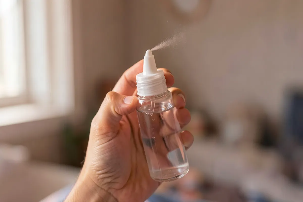 Uma pessoa aplicando spray nasal em um close-up, com foco no frasco e na aplicação.