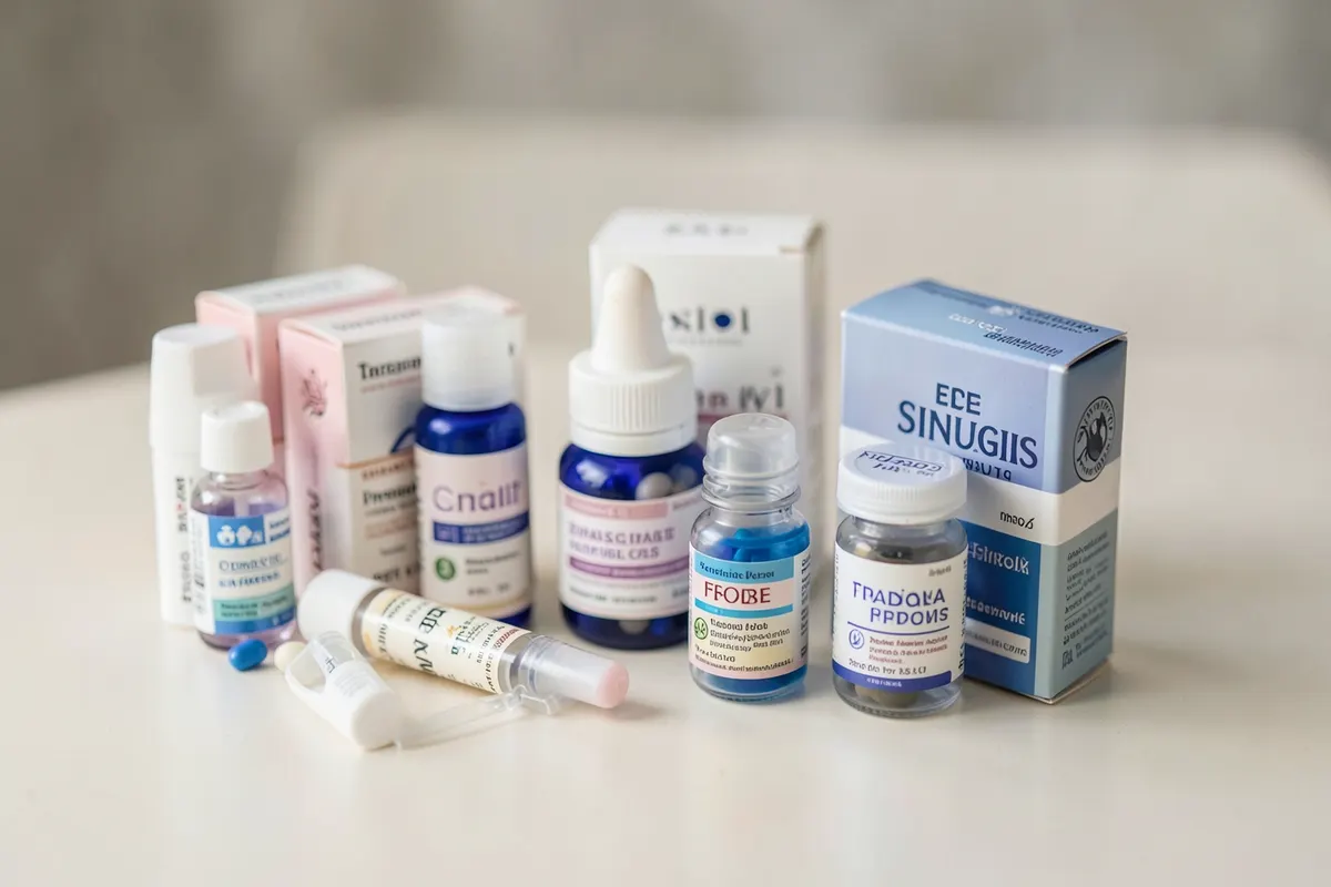 Um conjunto de diferentes medicamentos e tratamentos para sinusite, como sprays e comprimidos.