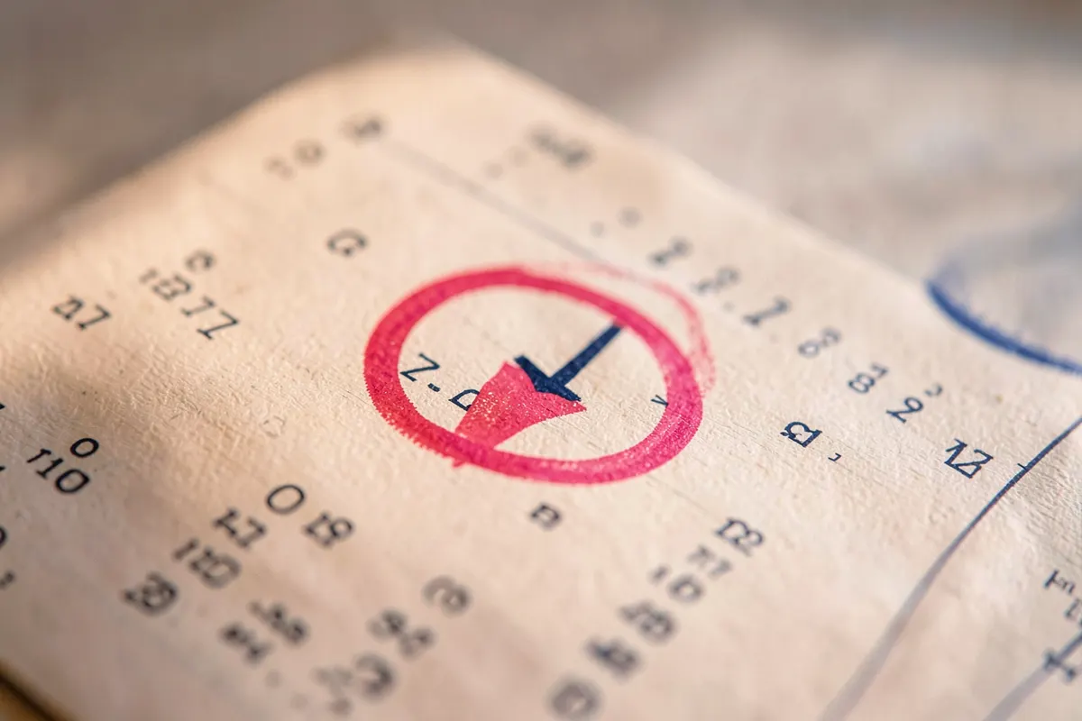 Um calendário com um dia marcado em vermelho e uma seta apontando para o futuro, indicando tempo de recuperação.