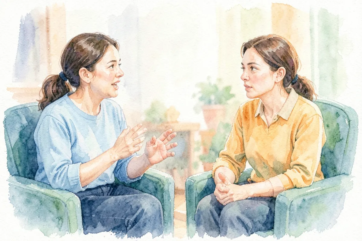 Duas pessoas sentadas em poltronas, uma de frente para a outra, em um consultório de terapia.