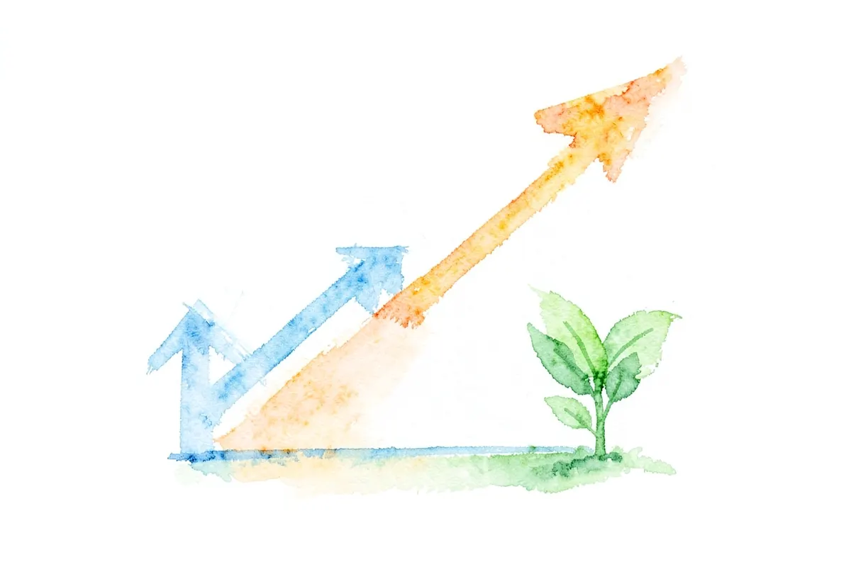 Gráfico de linha ascendente com uma planta crescendo ao lado, simbolizando progresso.