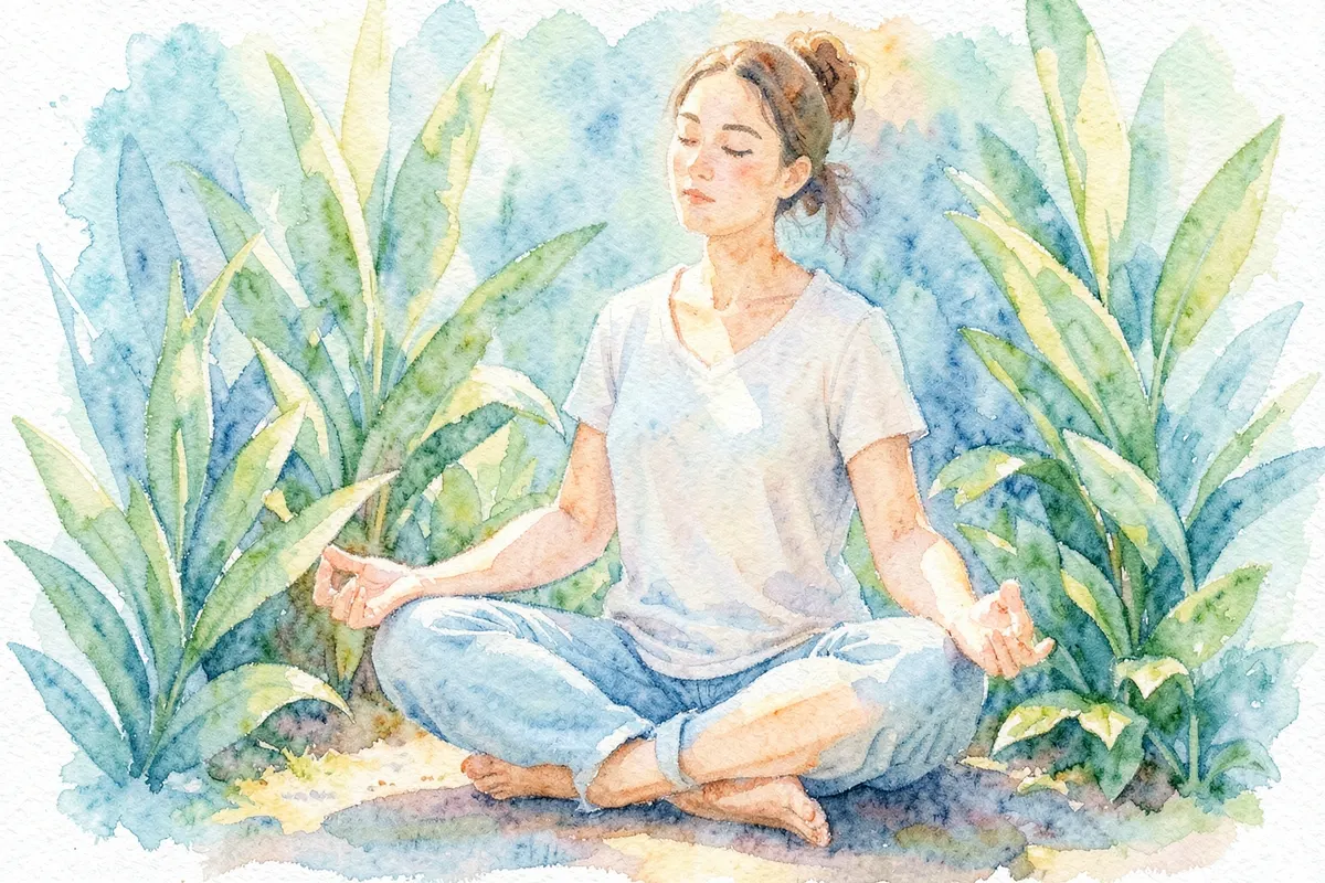 Uma pessoa meditando em um ambiente tranquilo com plantas, com uma expressão serena.