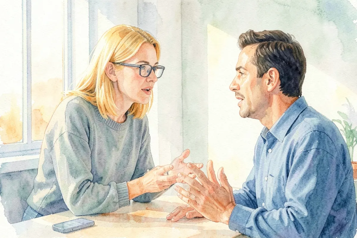 Profissional de saúde mental conversando com paciente em consultório, com foco na escuta ativa.