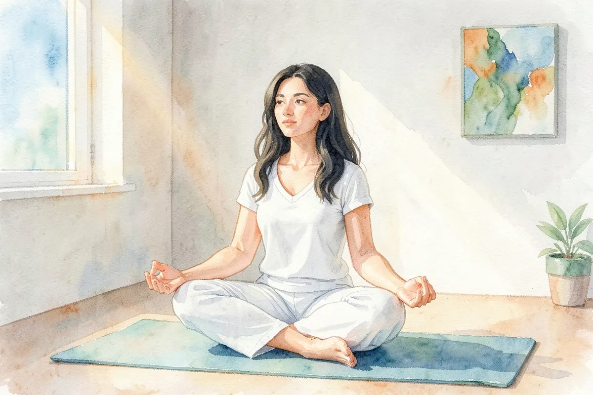 Mulher sentada em posição de meditação em um ambiente tranquilo, representando a calma alcançada com a terapia.