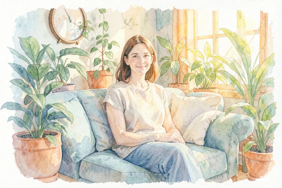 Mulher sorrindo sentada em um sofá em uma sala de estar aconchegante com plantas
