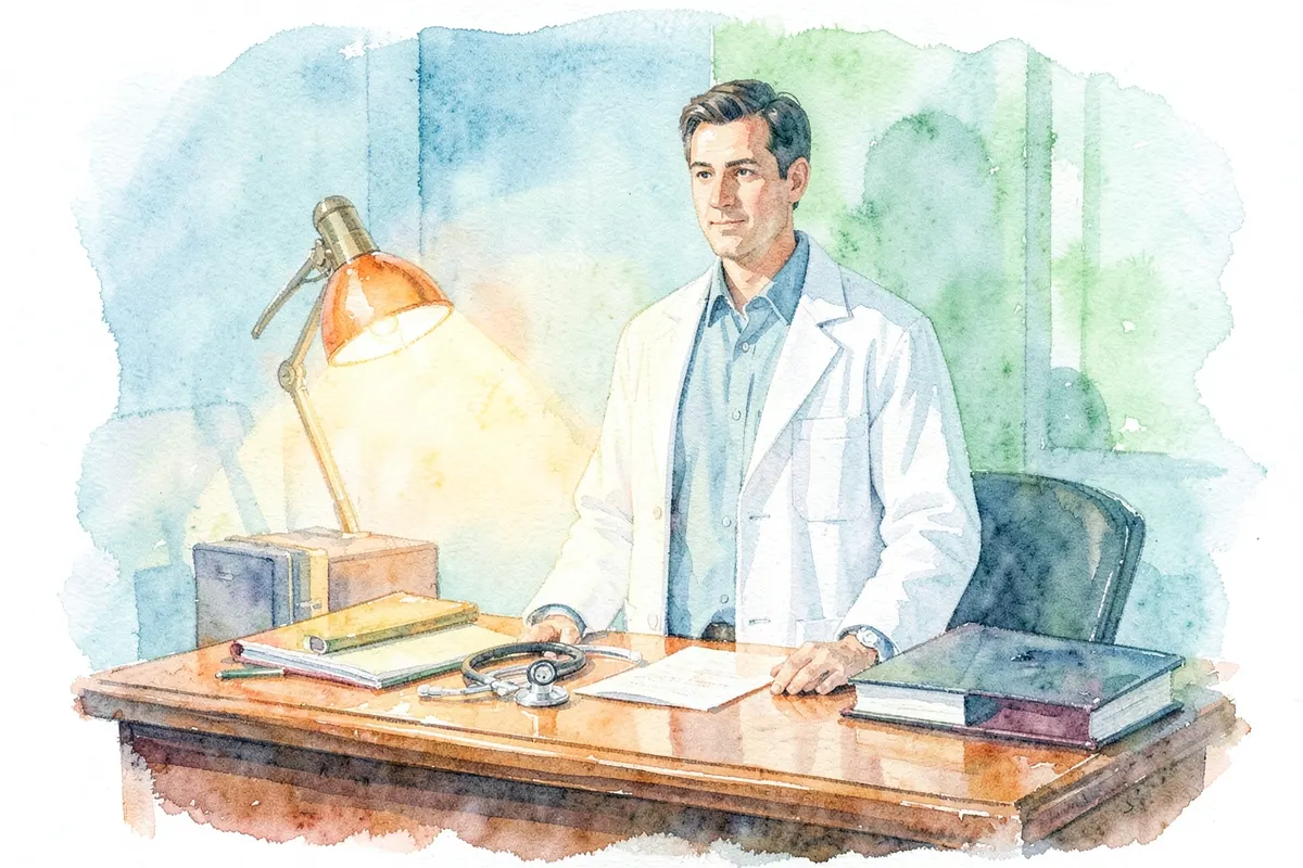 Médico psiquiatra em um consultório médico com livros e estetoscópio em uma mesa