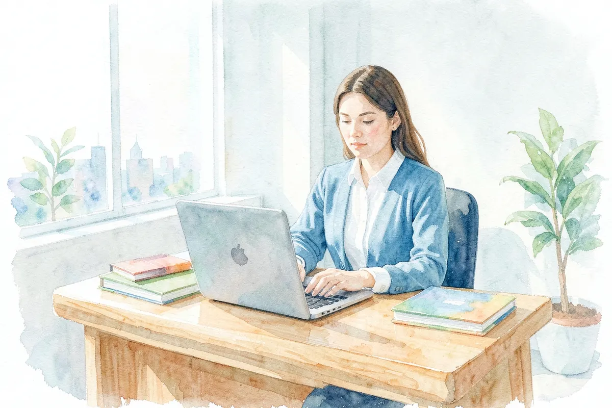 Mulher sentada em uma mesa com livros e um laptop em um escritório moderno