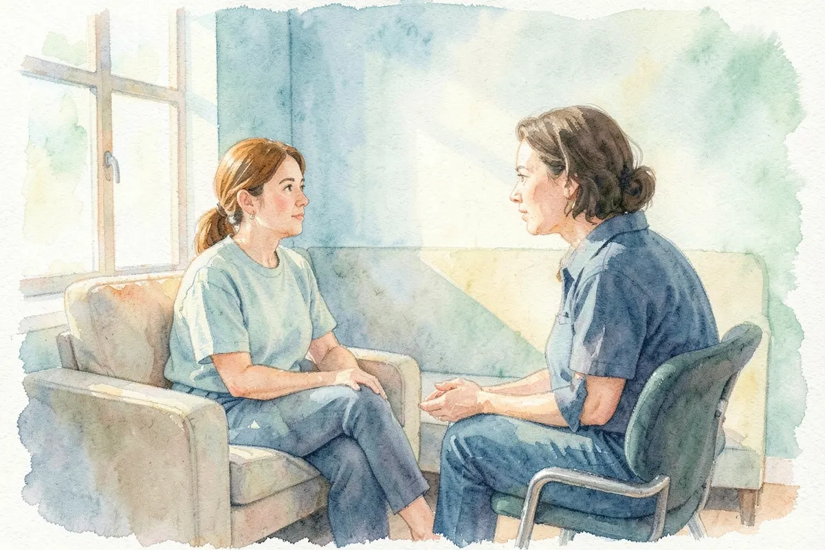 Uma pessoa sentada em uma sala de terapia, conversando com um terapeuta, com foco na interação e no apoio.