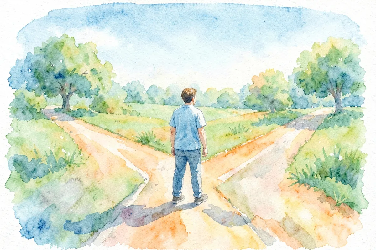 Uma pessoa escolhendo entre diferentes caminhos ou opções, simbolizando a escolha do tratamento adequado.
