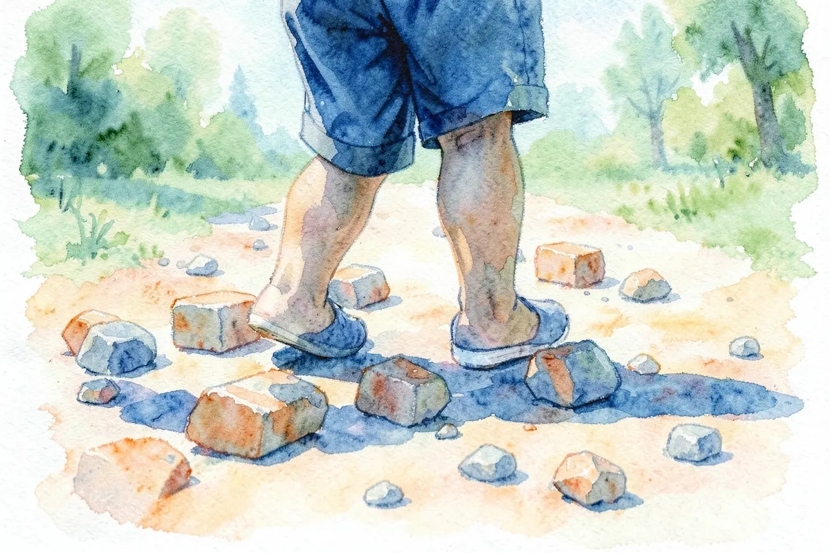 Uma pessoa tropeçando em obstáculos no caminho, representando as armadilhas a serem evitadas durante o tratamento.