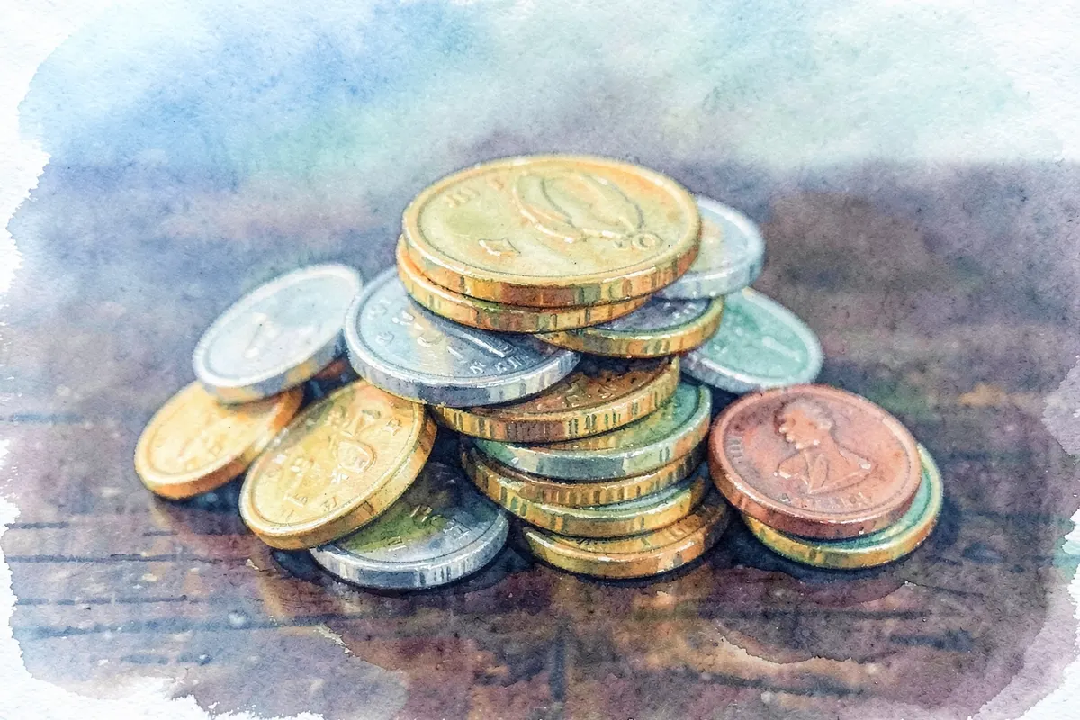 Uma pilha de moedas de diferentes valores empilhadas em uma mesa.