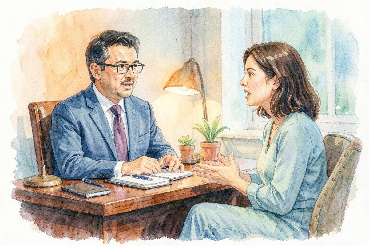 Um psiquiatra e um paciente conversando em um consultório.