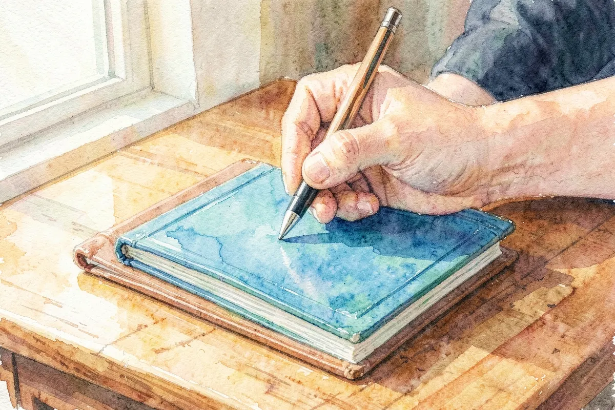 Pessoa escrevendo em um caderno fechado com uma caneta ao lado, em uma mesa de madeira, plano de detalhe, luz natural de janela vindo da esquerda